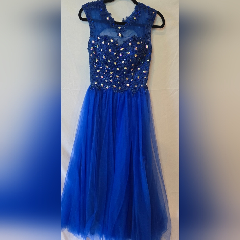 Elegant Blue Beaded Prom Pageant Ballgown Tulle Full Skirt Size S